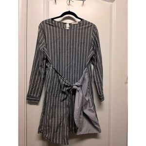 Pleione Pin Striped Tie Front Tunic Dress Gray White Long Sleeve Small